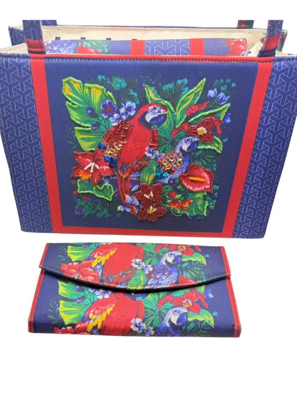 Tropical Parrot Beaded Embroidered Canvas Tote Bag Matching Wallet Set Y2K